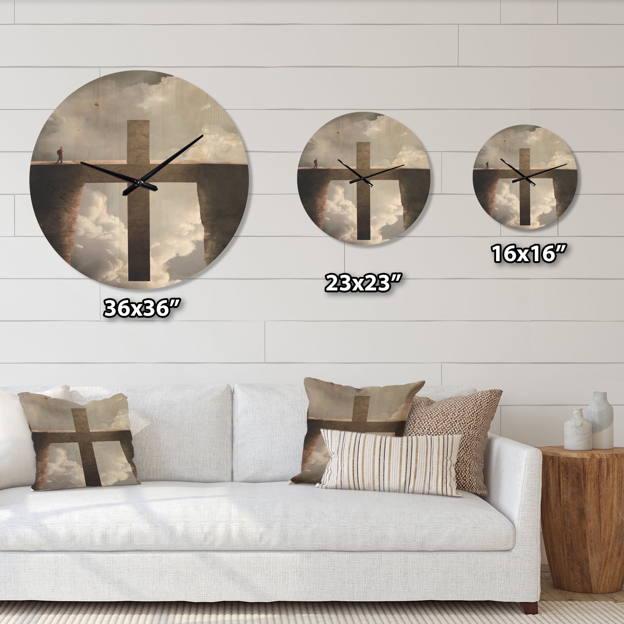 Designart 'Man and Big Cross between Two Cliffs ' Modern Wood Wall Clock