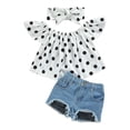 thumbnail image 2 of ITSAME Girls Outfit Sets, with Polka Dot Print Headscarf 3-Piece Polka Dot Print Ruffle Sleeve Top and Denim Shorts Summer Fashion Casual Sets White 5-6T, 2 of 9