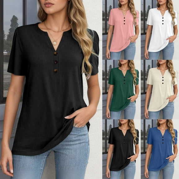CAIXIA Cotton Summer Tops for Women V-Neck Holiday Short Sleeve Solid Womens T Shirts Lightweight Womens Shirts Summer Basic Tee Summer Outfits Clothes 2026