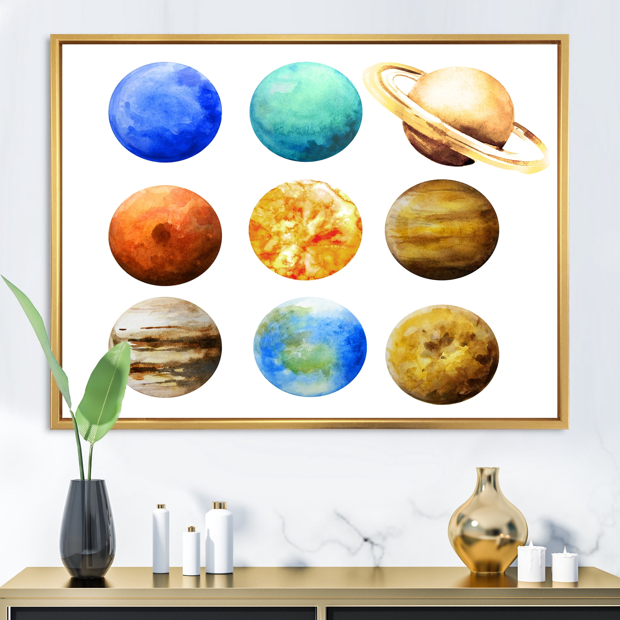 Designart 'Different Planets In Orbit' Modern Framed Canvas Wall Art Print