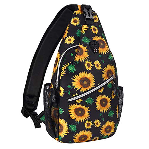 Sling Backpack, Crossbody Shoulder Bag, Black with Sunflower Pattern