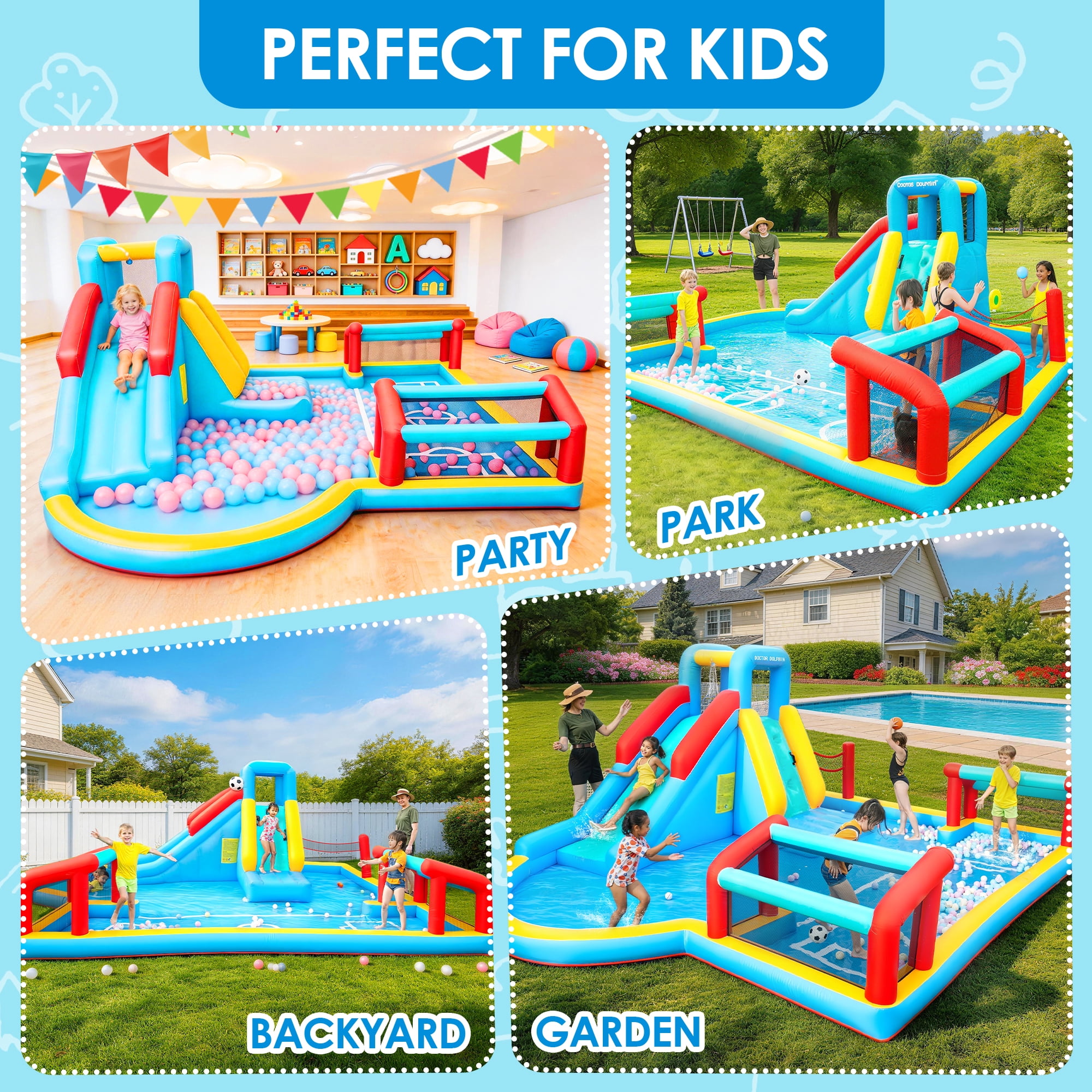 Inflatable Water Slide, Inflatable Bounce House for Kids, Climbing Wall, Jumping Area, Football Goal, Volleyball Net, Indoor & Outdoor, Age 3+