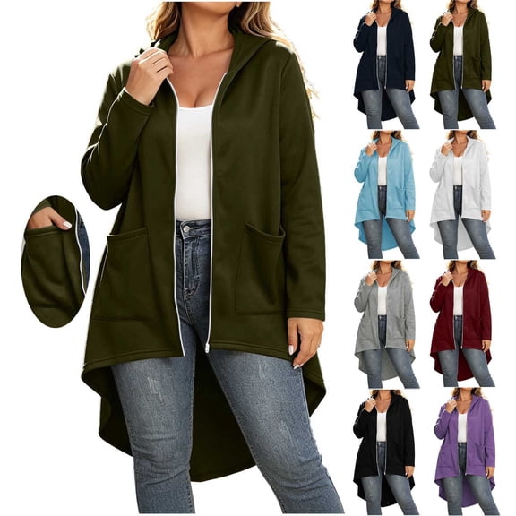 Feancey Zip Up Hoodies for Women High Low Irregular Hem Long Sleeve Hooded Jacket Mid Length Casual Loose Sweatshirt Jackets with Pockets Fall Trendy Clothes Army Green L