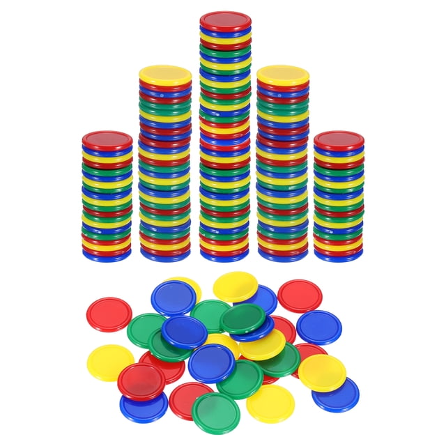Uxcell 200 Paquete de Fichas de Póker de Plástico de 20 mm, Mini Fichas de Bingo, Contadores de Conteo, Marcadores de Discos Opacos para Juego, Conteo Matemático, Verde/Rojo/Amarillo/Azul