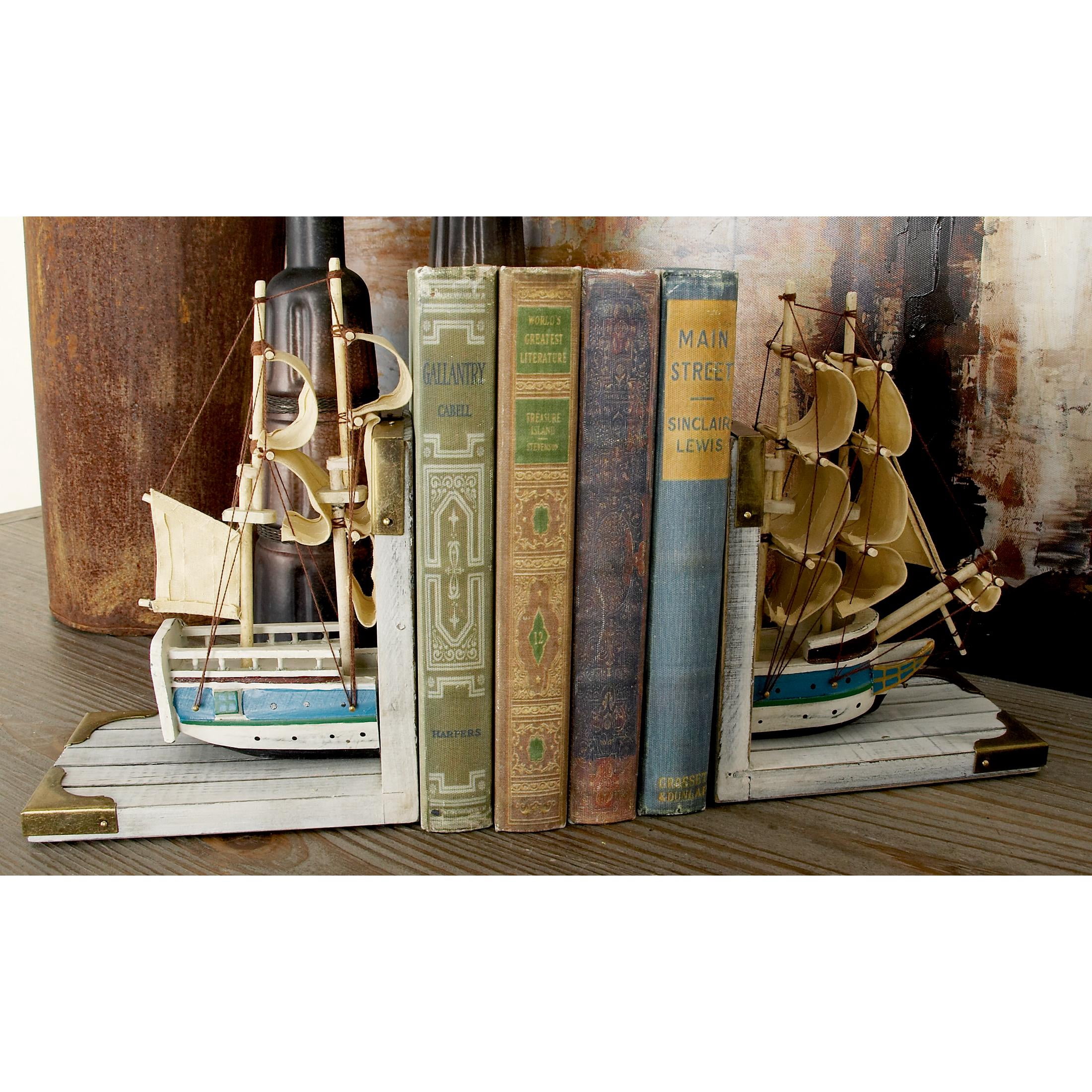 DecMode 6" Sail Boat White Wood Bookends with Real Boat Rigging and Gold Corners (Set of 2)