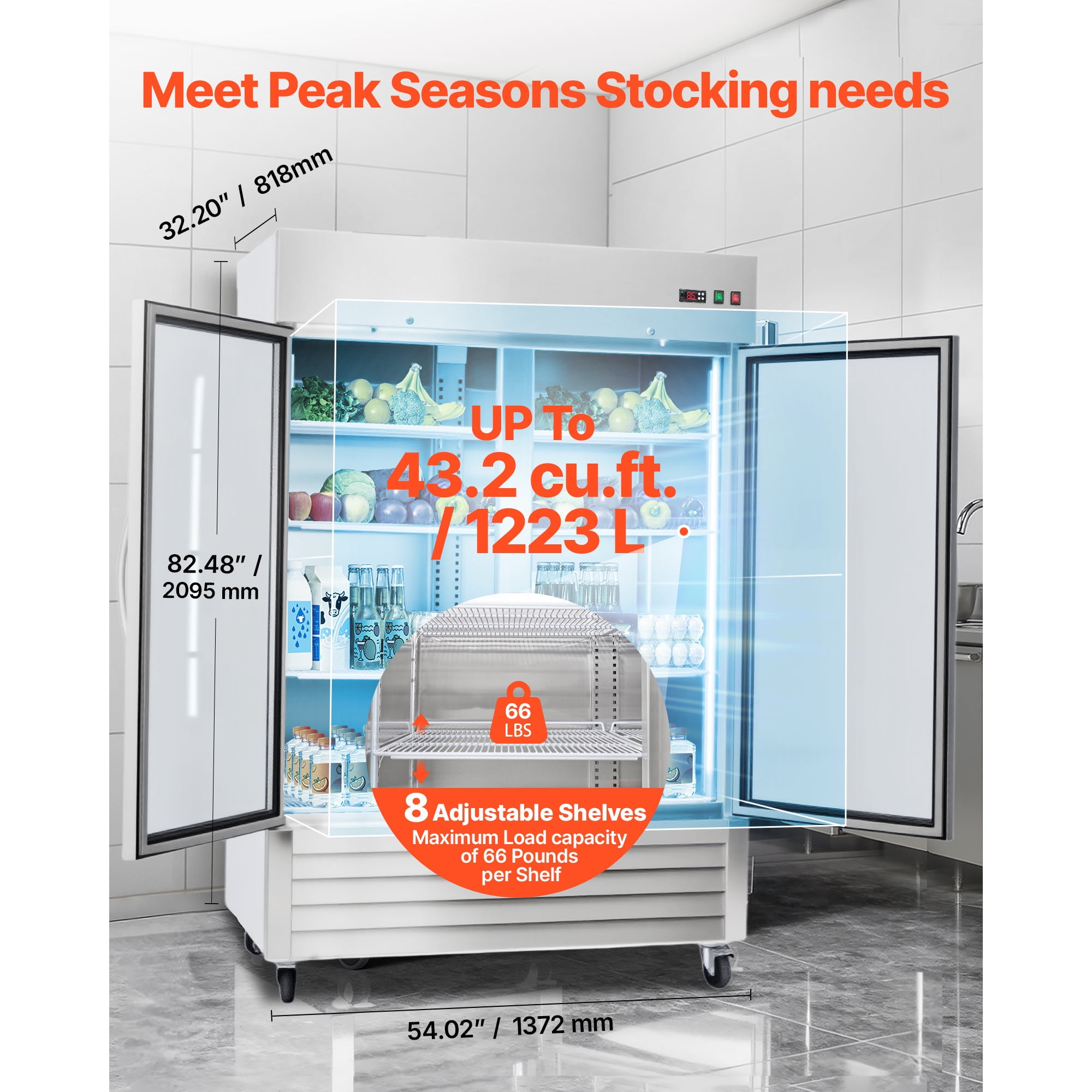 KFFKFF Commercial Stainless Steel Refrigerator 54" W, 44 Cu.Ft Upright Fridge with Double Glass Doors, Auto-Defrost, 8 Adjustable Shelves, 32-50℉ Temperature Range, ETL Certified