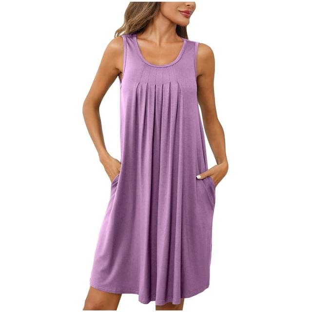 Pisexur Robe d'Été pour Femmes 2024 Mode Plissée Robe de Plage Décontractée Sans Manches Couleur Unie Débardeur Ample Robe Soleil avec Poche