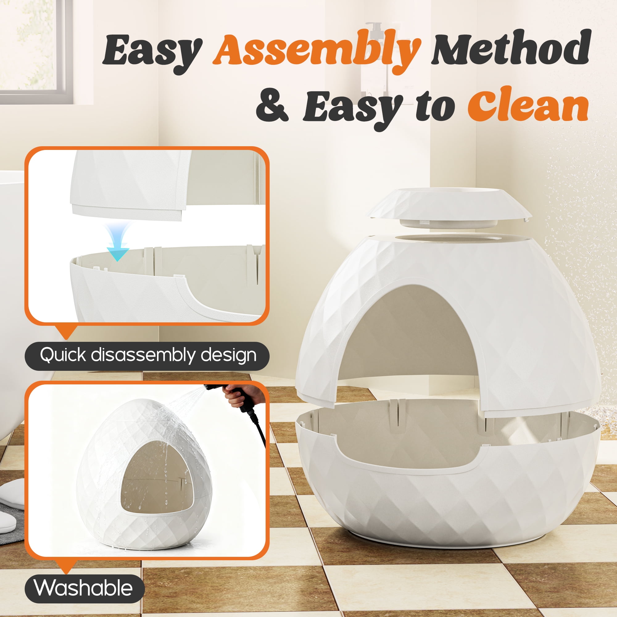 LHBcraft Cat Litter Box Enclosure, Resin Egg-Shaped Hidden Litter Box Furniture with Removable Planter Top, Multi-Functional & Easy to Clean for Living Room Indoor, White