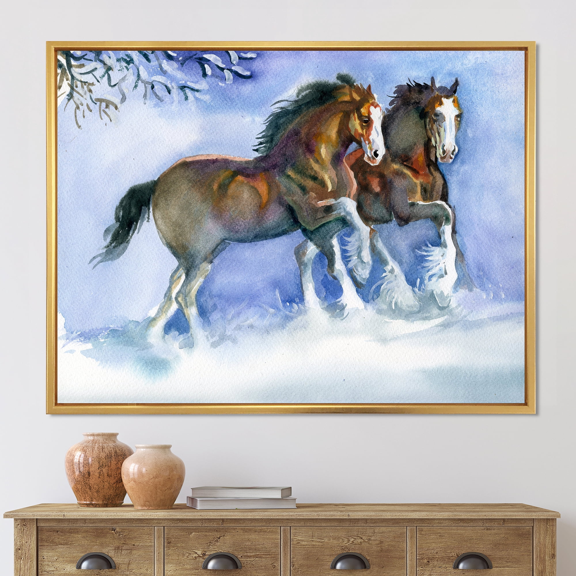 Designart 'Horses Running In Winter On Blue' Farmhouse Framed Canvas Wall Art Print