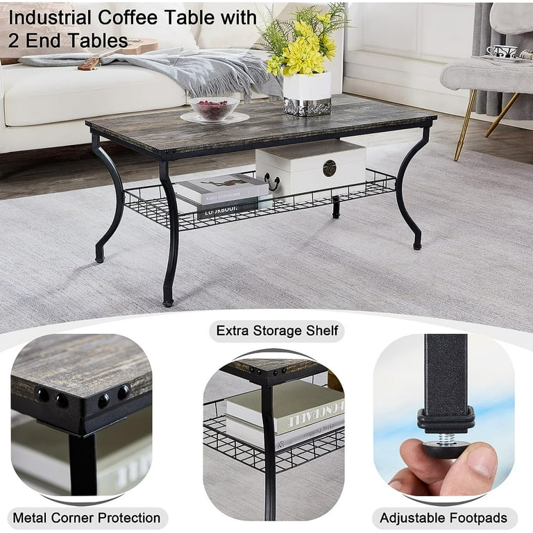 VECELO 3-Piece Vintage Coffee Table Set with Storage, Oak Gray