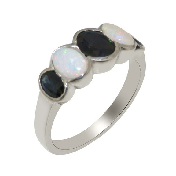 LBG British Made 10k White Gold Natural Sapphire & Opal Womens Band Ring - 33 size options - Size 10