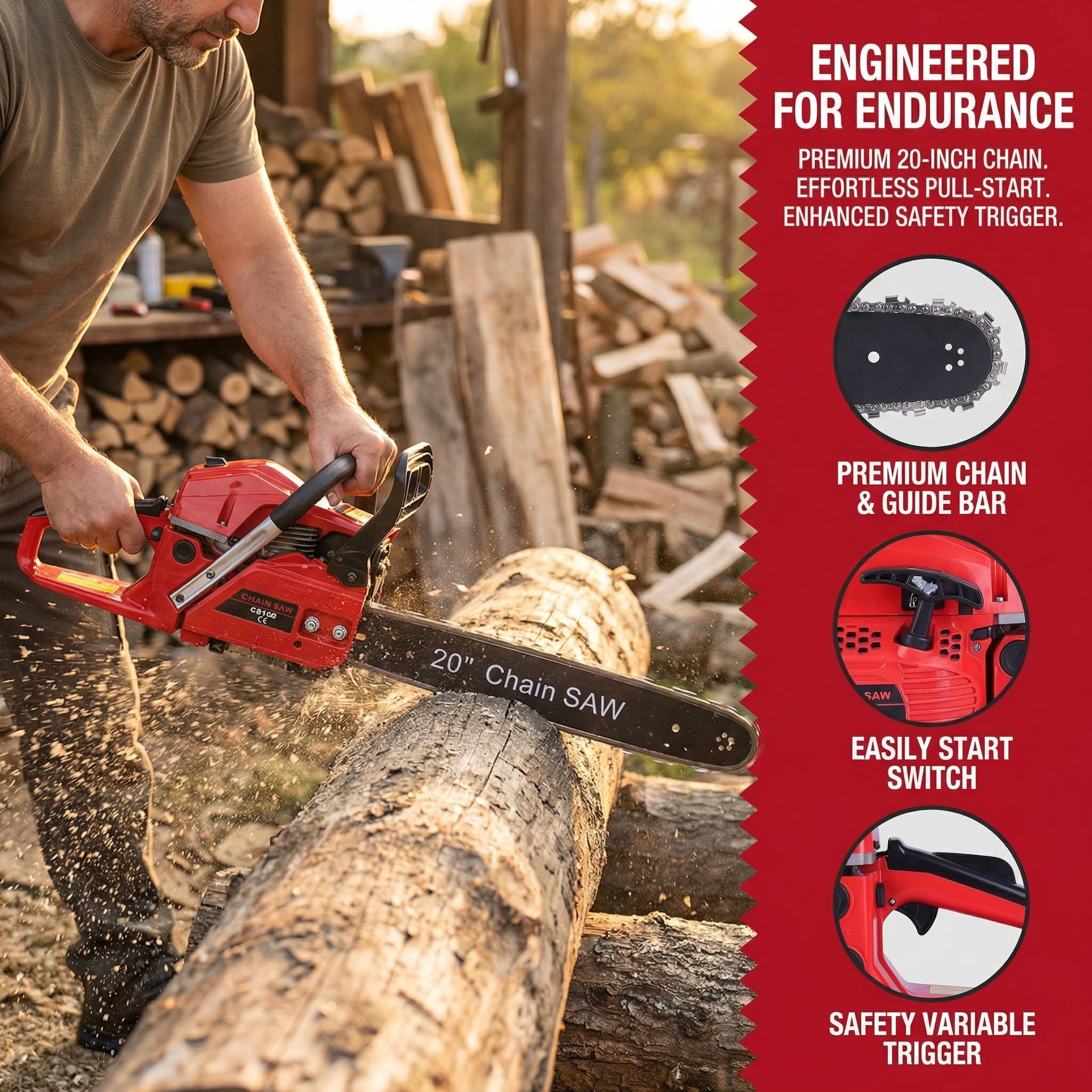 Two-Stroke 58CC Chain Saw, 20 Inches, 2200W, Chain Saw Set, Complete Accessories Ready For Use, Two-Hole Heat Dissipation, Soft Leather Handle, Safety Brake, Efficient Felling Saw