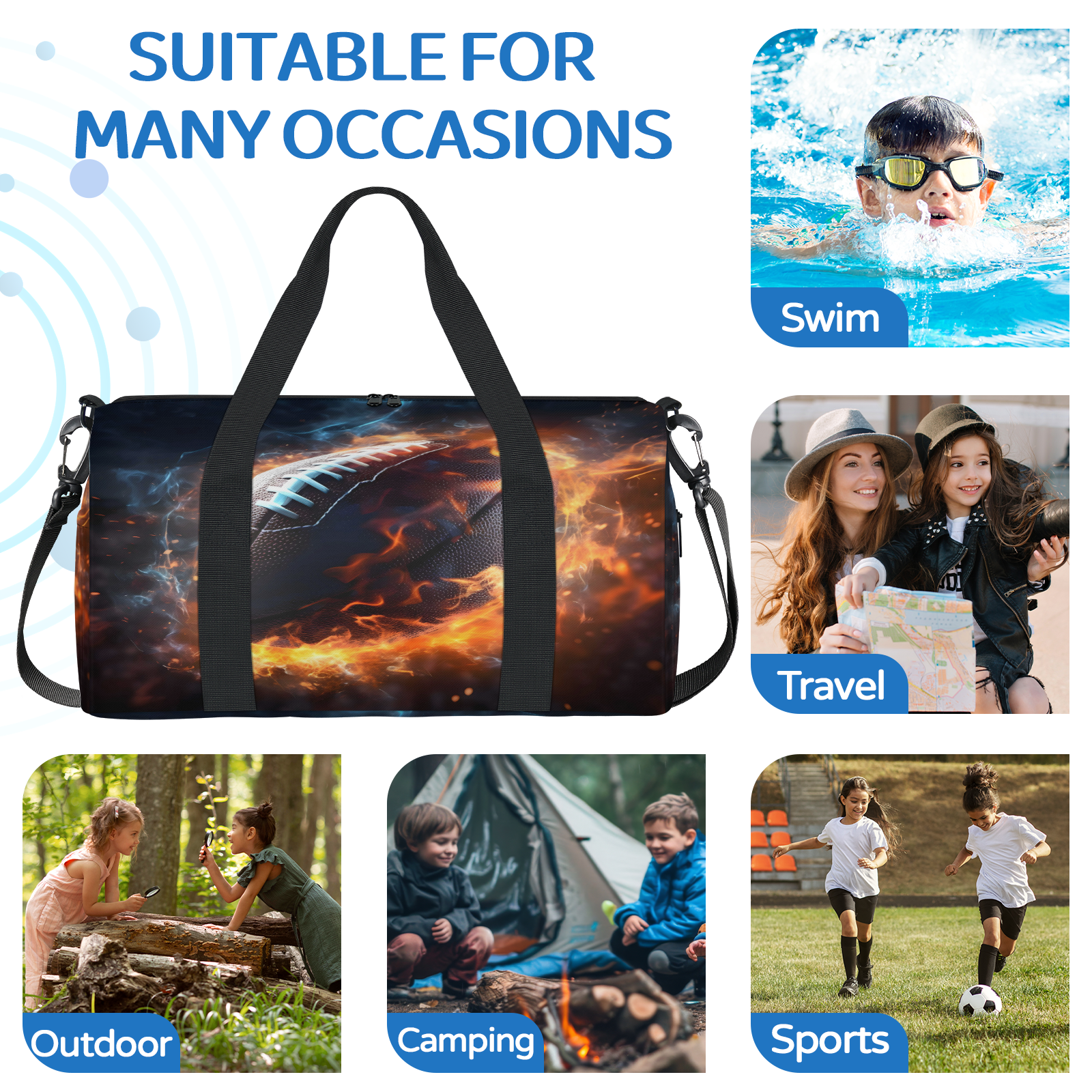 Herdesigns Football Rugby Sports Gym Bag for Women, Duffle Bag for Travel Sport, Lightweight Waterproof Carry on Weekender Overnight Dance Yoga Workout Bags