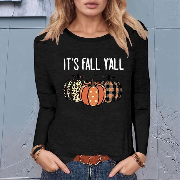 MHFRRA Camiseta de Manga Larga con Cuello Redondo y Estampado de Calabaza de Halloween Negro