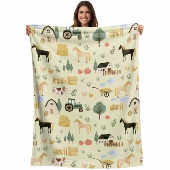 Cartoon Farmhouse Blanket Soft Cozy Warm Throw Blanket for Couch, Plush Fuzzy Flannel Fleece Blankets for Sofa, Cute Watercolor Cabin Animals Trees Yellow Bed Blankets Gifts for Men, 30"x40"