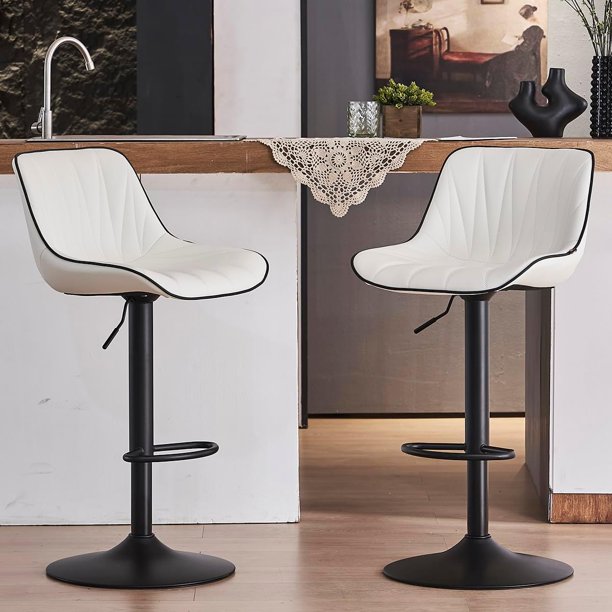 Juego de 2 taburetes de bar ajustables color blanco con altura de mostrador giratorio, tapizado, moderno, de piel sintética, para isla de cocina