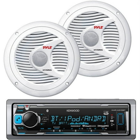 Kenwood KMR-M315BT Single-DIN In-Dash Marine Mechless Digital Receiver with Bluetooth and Pyle Hydra Series Speakers