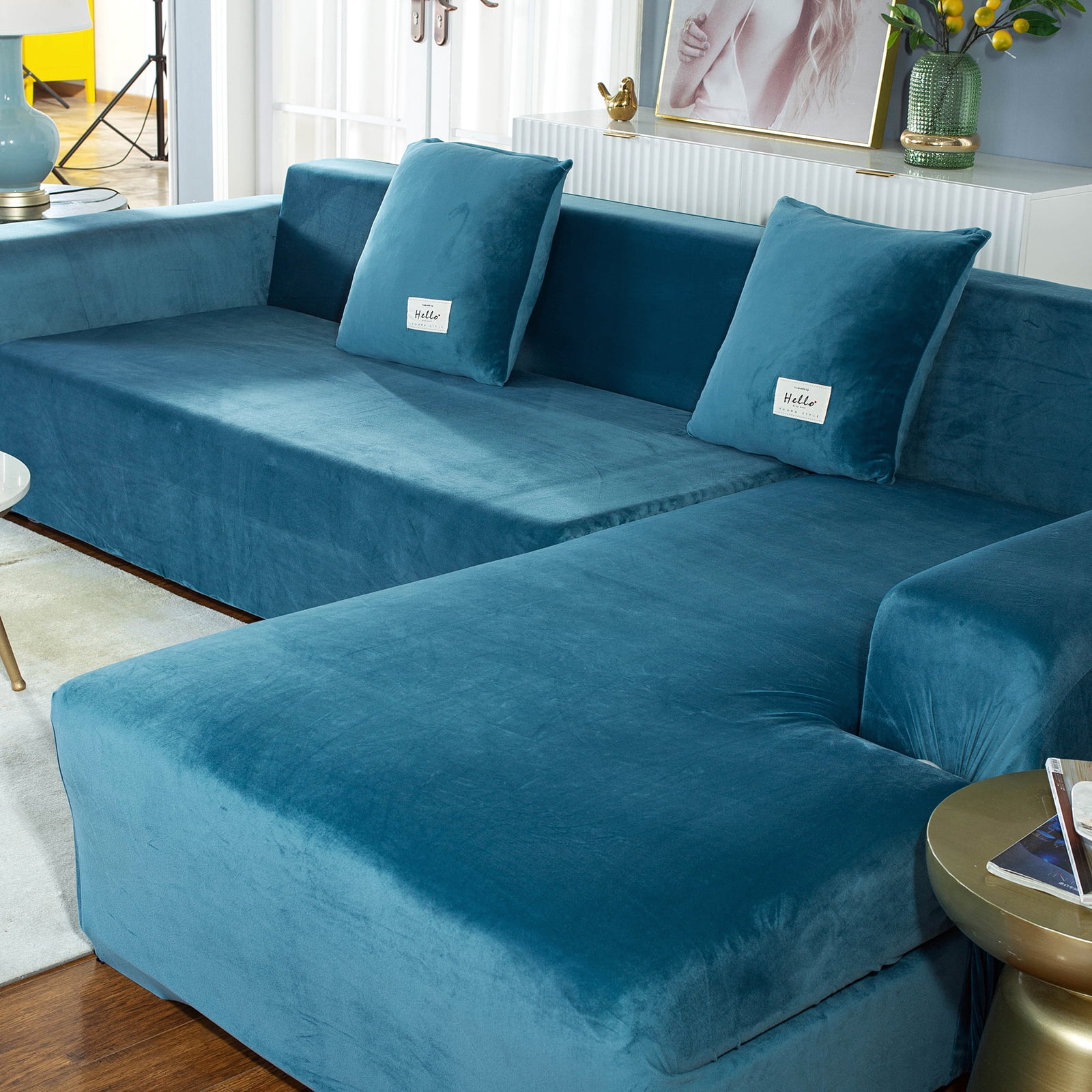 Eurhowing Velvet L-Shaped Sectional Sofa Cover with 4 Pillowcases, Stretch Soft Couch Slipcovers 3 Seater+4 Seater, Sofa Furniture Protector, Lake Blue