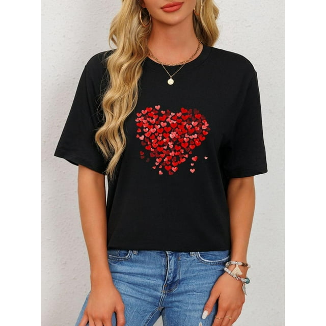 Women's Valentine's Day Cute Heart Print T-Shirt - Casual Short Sleeve, Breathable Crew Neck Top for All Seasons, Everyday T-Shirt|Relaxed Fit Tee Tee For Adult, Men, Women, Teen, Teenager, Adolesce