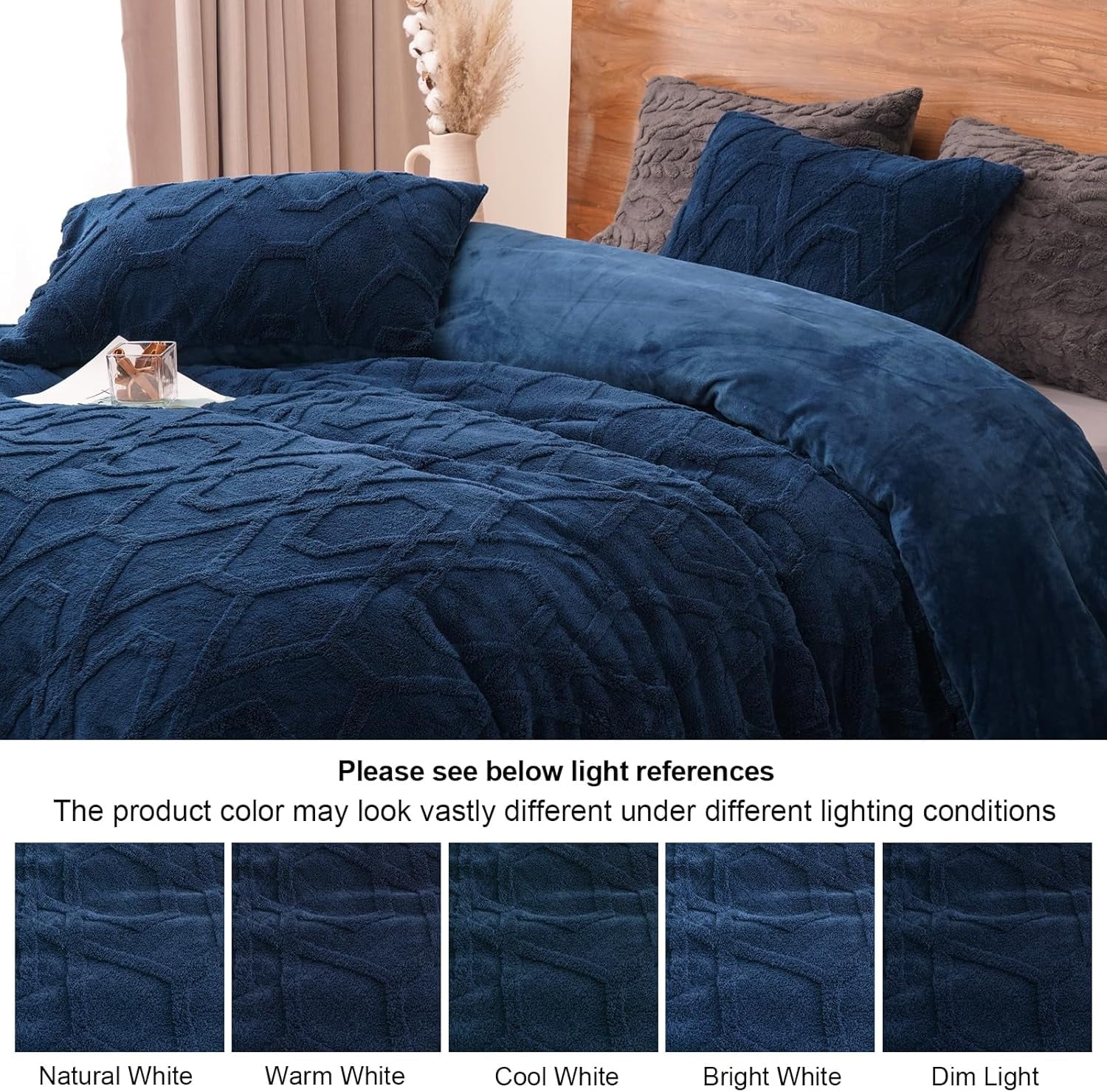 PHF Warm Sherpa Fleece King Comforter Set, 3D Tufted Fluffy Navy Blue Bedding for Winter, Soft 2 Pieces Shaggy Bed Set, 1 Comforter (104"x90") and 2 Pillowcases (20"x36")