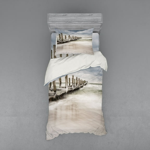 Ambesonne Landscape Bedding Set 3 Pcs, Groyne Zingst Germany, Twin XL, Pale Blue White Tan