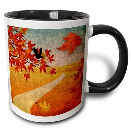 

3dRose Autumn Park Path Maple Leaves and Crow Two Tone Black Mug 11oz