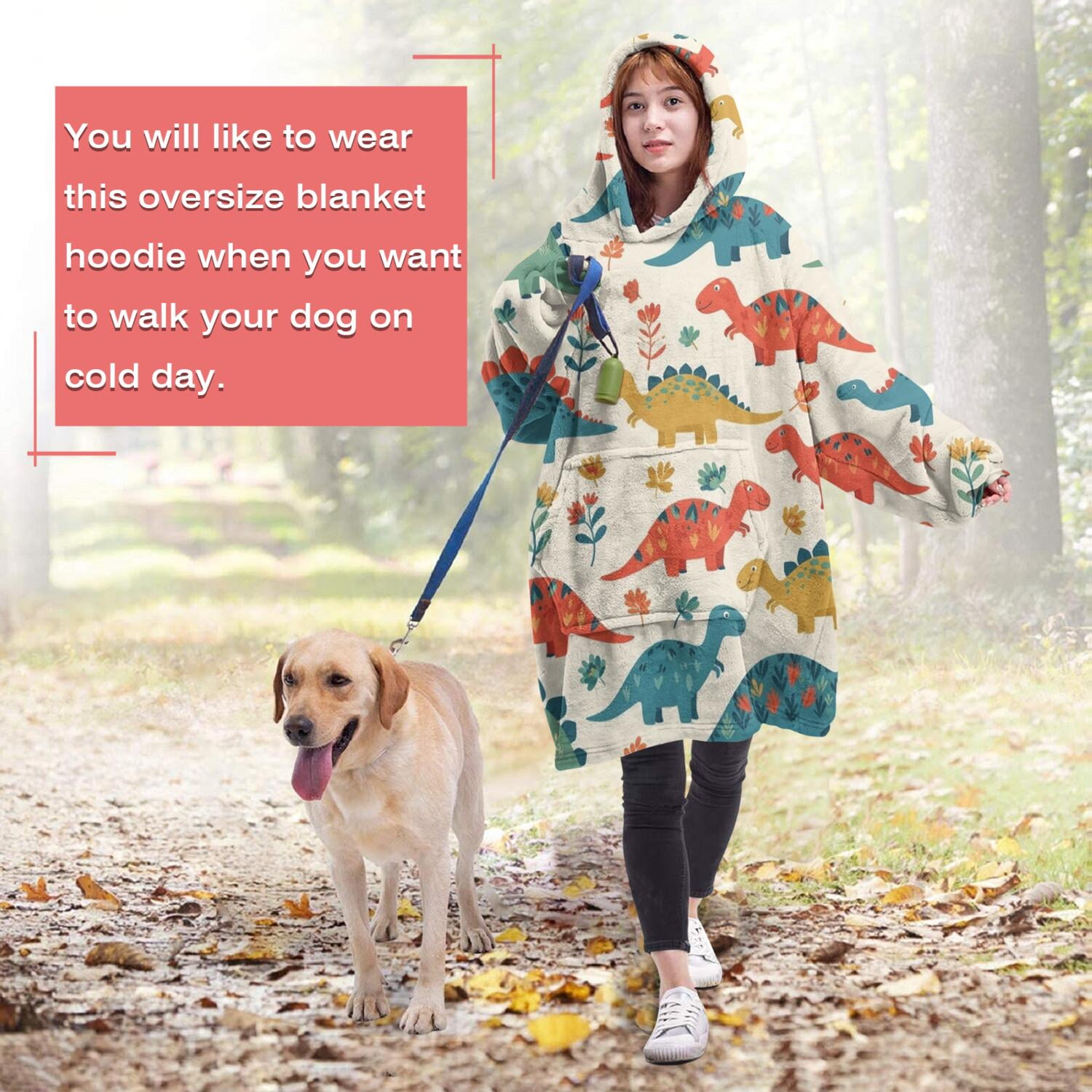 Wearable Oversized Blanket,Beige Cartoon Dinosaurs Flowers Pattern Wearable Blanket Hoodie for Adults,Cozy Hooded Blankets with Super Pockets,Super Warm Fuzzy Pullover for Women & Men