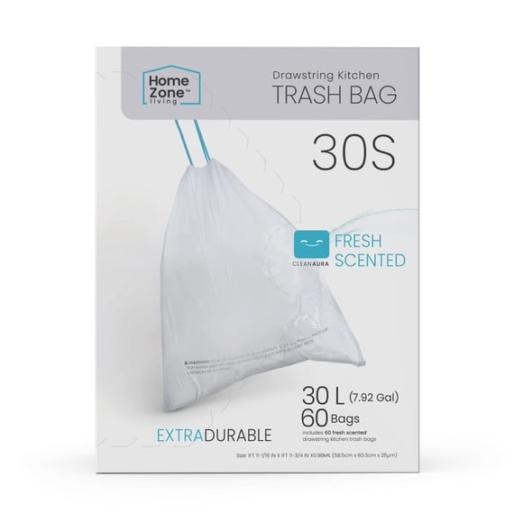 Home Zone Living 8 Gallon Kitchen Trash Bags with Drawstring Handles, Heavy Duty Custom Fit Design for Standard 30 Liter Kitchen Trash Cans