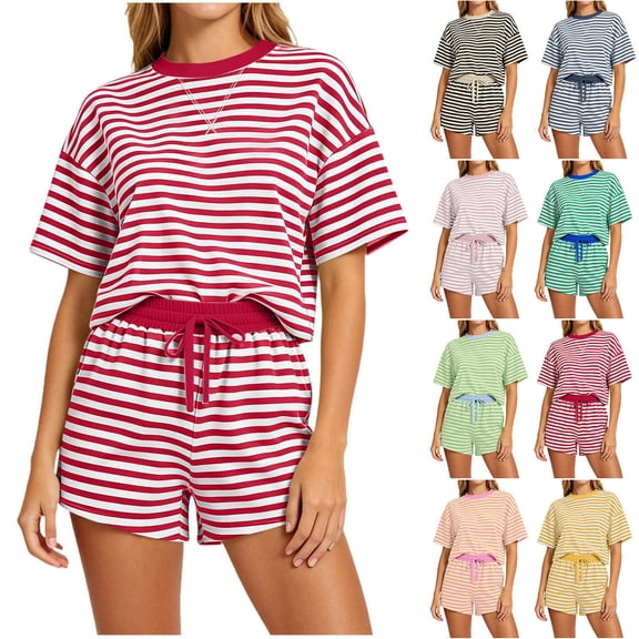 ShomPort 2 Piece Lounge Set for Women Stripe Oversized Short Sleeve Shirts and Shorts Matching Outfits