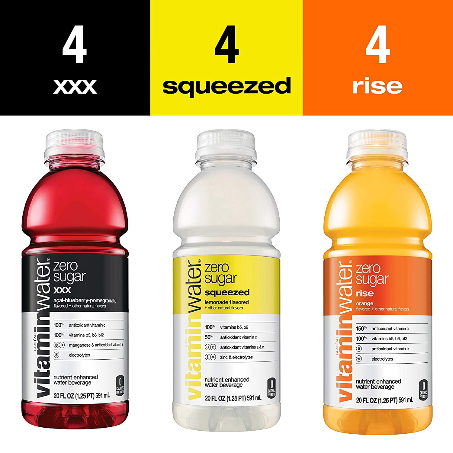 VitaminWater ZERO Sugar | 3 Flavor Variety Pack , Nutrient Enhanced Flavored Water w/ Vitamins, Antioxidants, Electrolytes |20 Fl Oz Bottles, (Pack of 12)