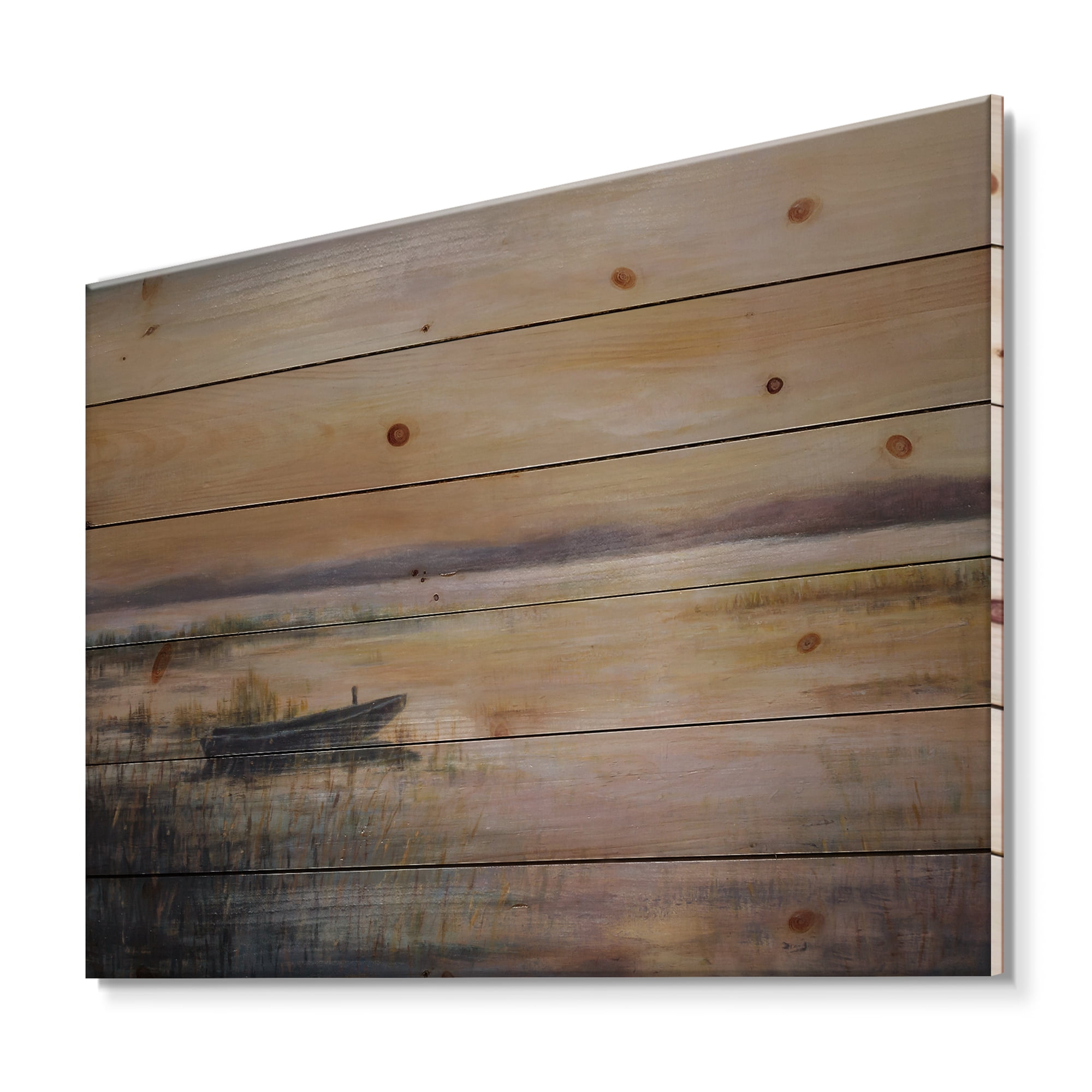 Designart 'Pastel Boat Sunset Over The Lake' Nautical & Coastal Print on Natural Pine Wood
