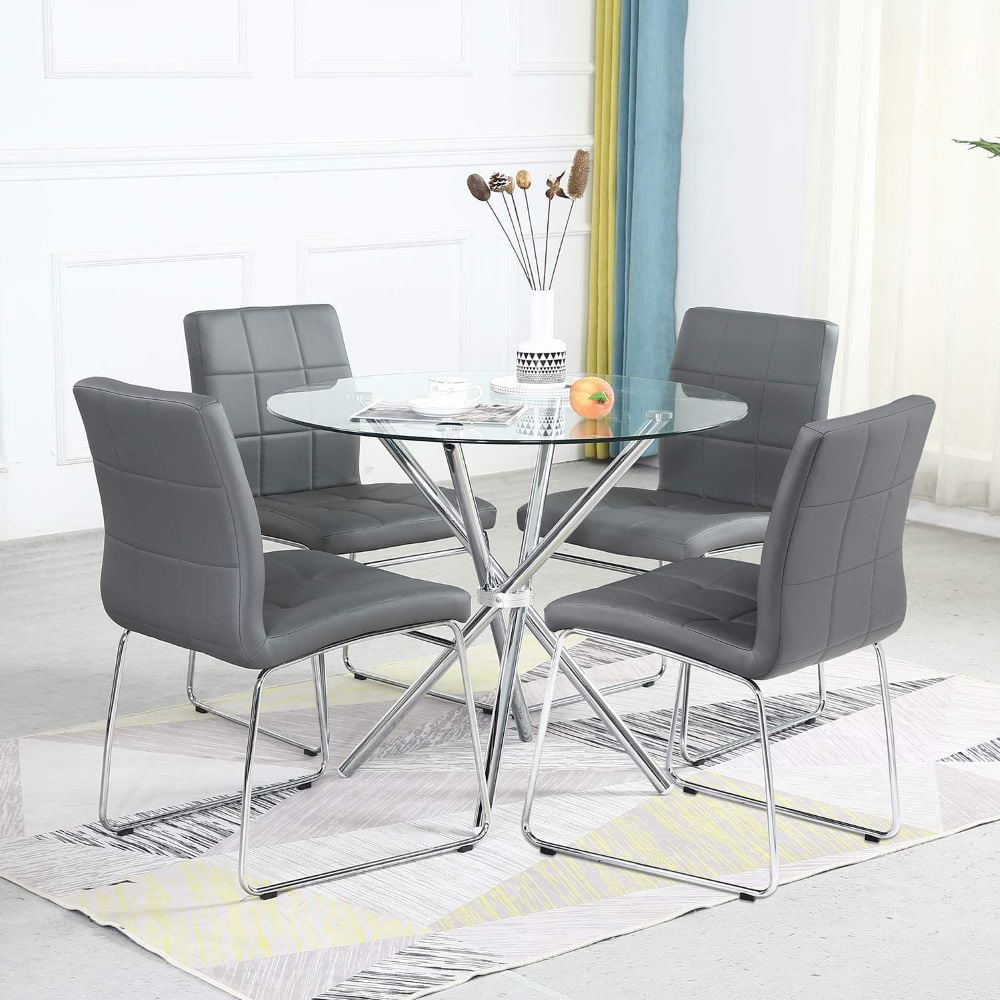 5pcs Round Dining Table Set Tempered, Round Dining Table With Leather Seats