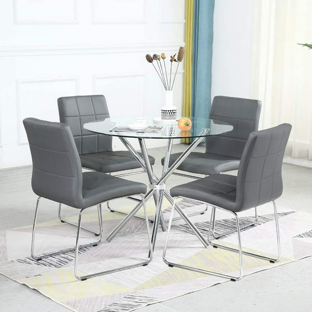 5 Pcs Round Dining Table Set For 4, Round Glass Dining Room Table Set For 4