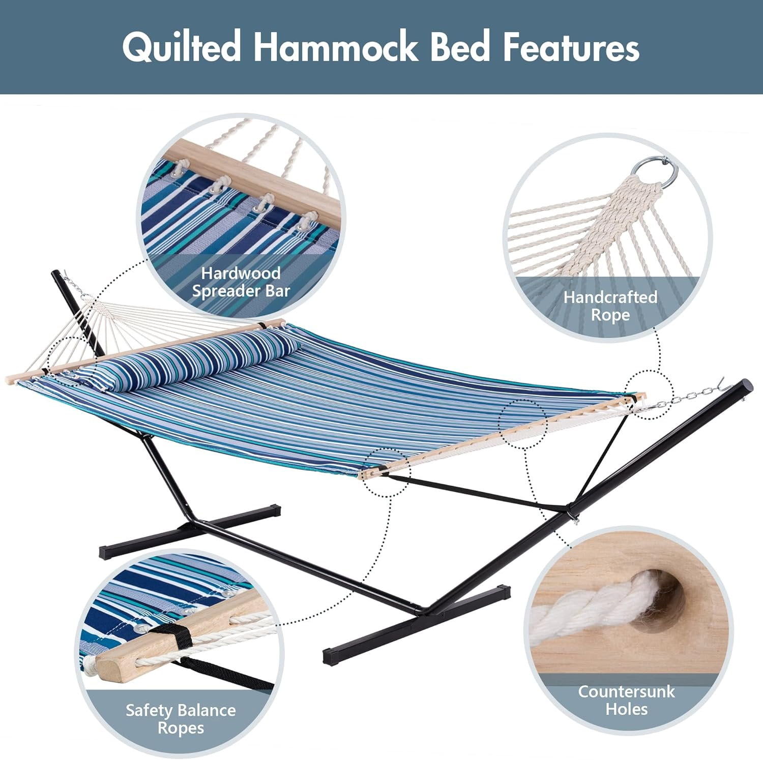 Double Hammock with Stand 12FT, Heavy Duty Hammock with Stand for Outdoors, 450 LBS Weight Capacity, Blue Stripes