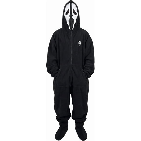 Guvpev Halloween Costume for K'ids, Unisex Full Zip Ghost Face Mask Hooded Jumpsuit with Pockets, Horror Onesie Pyjamas Outfit, Scary Full Face Graphic Novelty Costume for Halloween Party & Cosplay