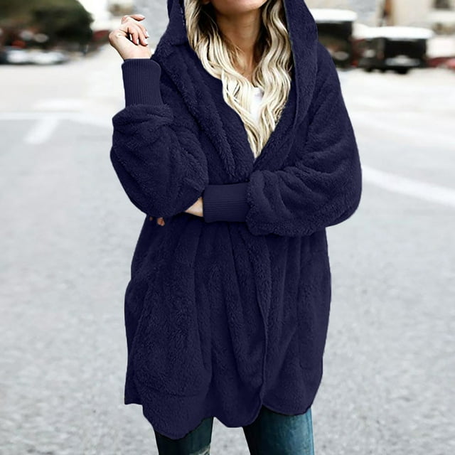 Simua Womens Fuzzy Fleece Open Front Hooded Cardigan Jackets Sherpa Outerwear Coats with Pockets