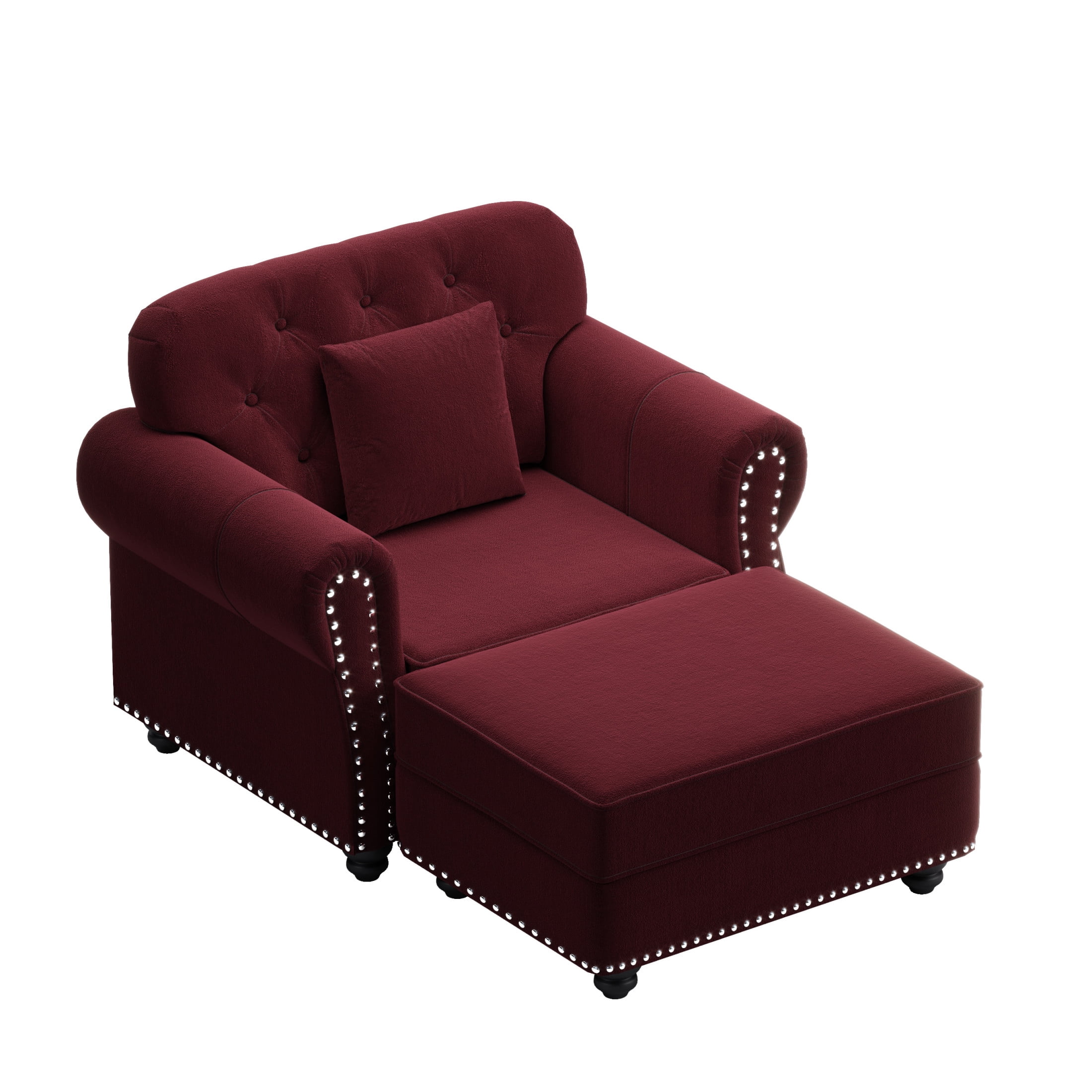 Noble House Kieran 1-Seater Velvet Chesterfield Sofa, Modern Tufted Armchair with Nailhead Trim and Ottoman, Burgundy