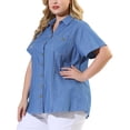 thumbnail image 1 of Women's Plus Size Shirt Short Sleeve Chest Pocket Button Down Denim Shirts Sky Blue 1X, 1 of 7
