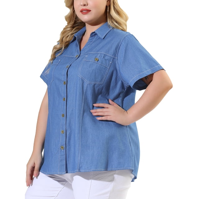 Women's Plus Size Shirt Short Sleeve Chest Pocket Button Down Denim Shirts Sky Blue 1X