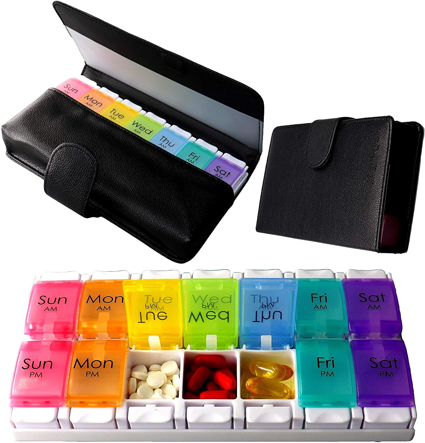 XL AM PM Daily Pill Organizer 7 day Easy One Touch Popup Cover Push