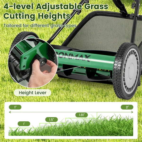 imerelez Manual Lawn Mower, 16 Inch 5-Blade Cordless Manual Reel Lawn Mower with Grass Catcher Bag, Adjustable Cutting Height 1.34-2.52 in, Walk-Behind Lawn Mowers for Yard Garden