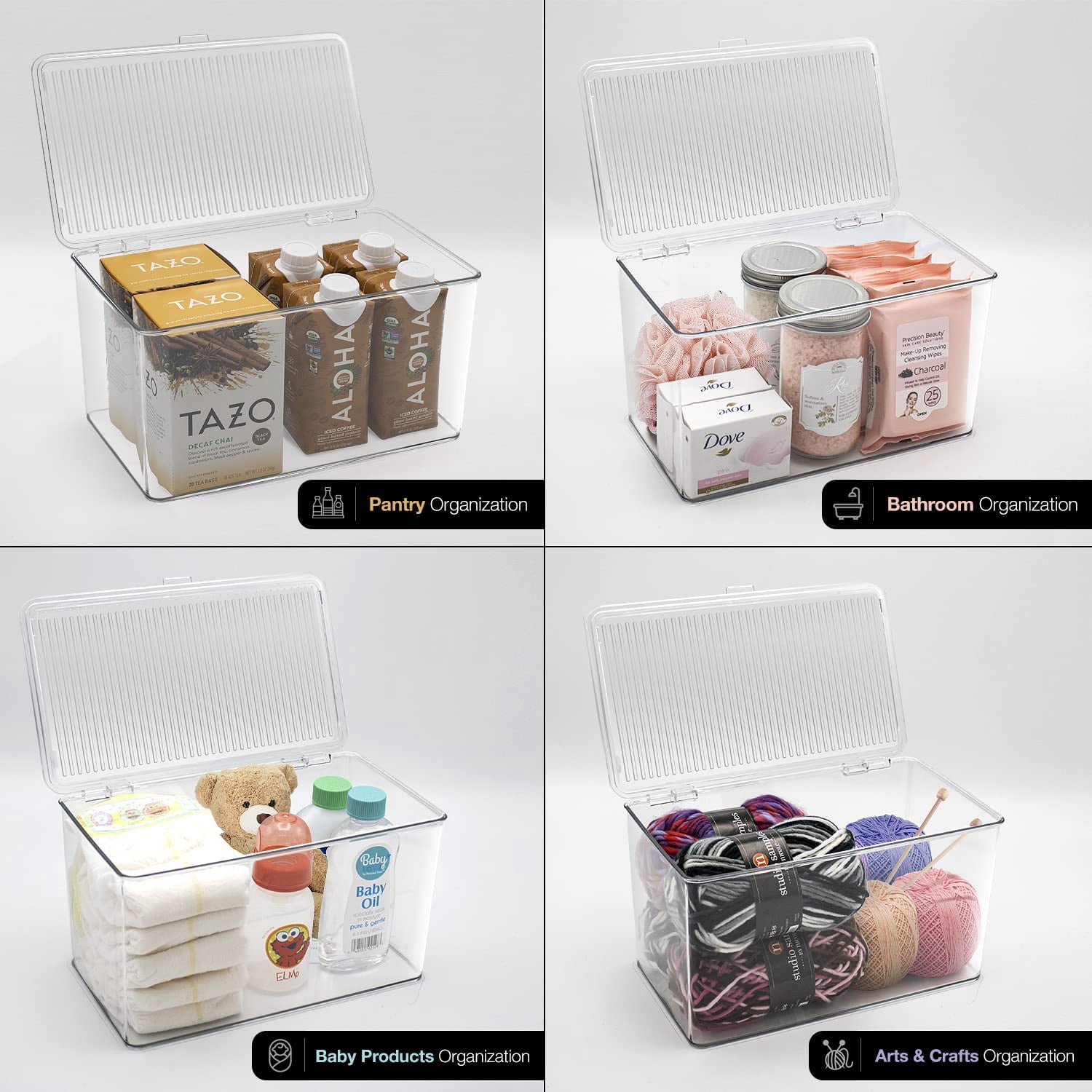 Sorbus Organizer Bins with Attached lids | Kitchen Pantry Organization Storage Bins, Small Clear Storage Box for Fridge | Food Storage Containers for Organizing, Cabinet Organizers (2-Pack, Large)