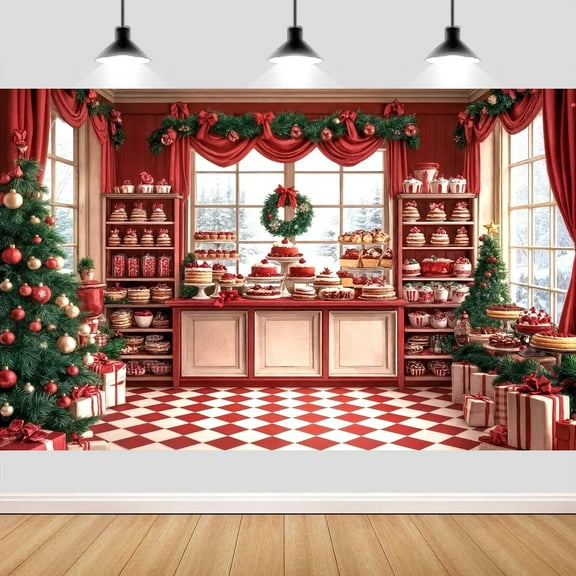 7X5ft Christmas Photography Backdrop Vintage Cupboard Window Winter Snow Scene Xmas Tree Wreath Background for Photo Xmas Party Decor Winter Family Holiday Party Supplies Portrait Photo Props