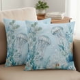 thumbnail image 2 of Set of 2 Summer Coastal Pillow Covers 18x18 Inch, Ocean Jellyfish Nautical Coral Eucalyptus Leaves Decorative Throw Pillow Cases Cotton Cushion Covers for Sofa Couch Bed Living Room Home Decor, 2 of 9