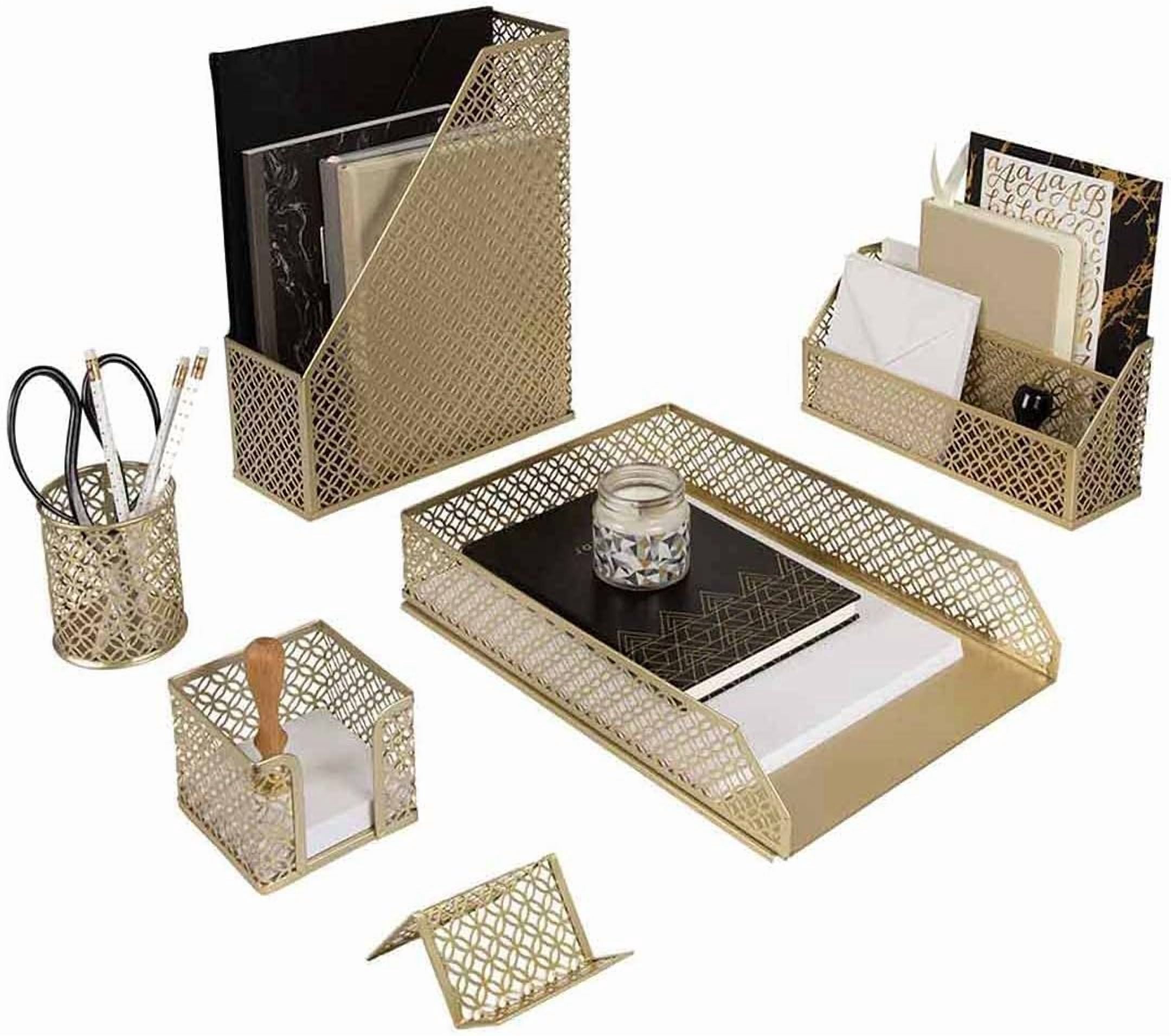 Gold Desk Organizer Set with Mail Sorter, Sticky Note Holder, Pen Cup, Magazine Holder, Letter Tray & Business Card Holder |   Stylish Desk Accessories for Home Office Décor