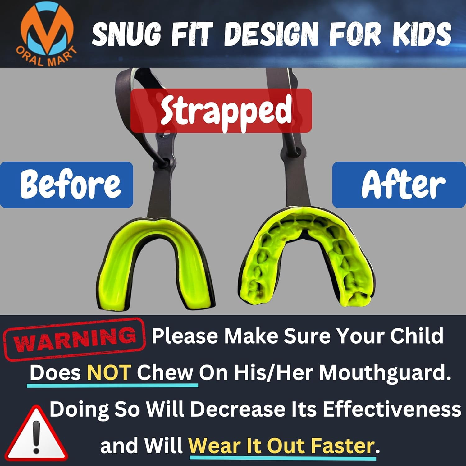 Strapped Mouth Guard for Football, Lacrosse, Ice Hockey, Taekwondo (USA Flag, Fangs, 15+ Colors to Choose from) - Sports Mouthguard with Fixed Strap (Strapped, Youth or Adult)