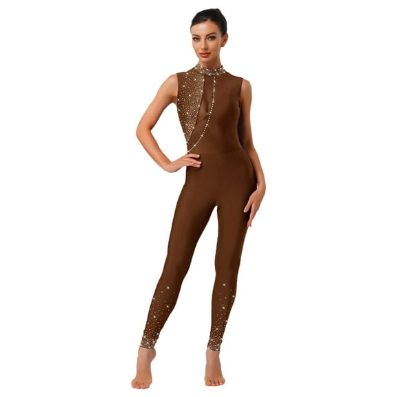 Nyeemya Women's Rhinestones Sleeveless Full Body Jumpsuit Romper Leotard Unitard for Ballet Dance Umber M