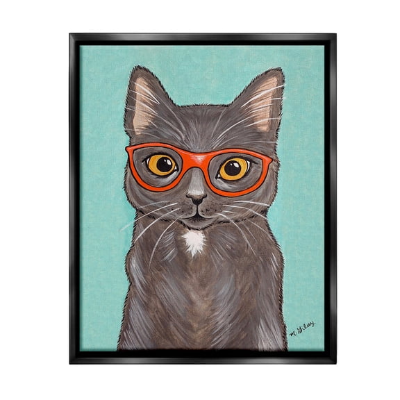 Stupell Industries Hipster Cat Red Glasses Animals & Insects Painting Black Floater Framed Canvas Art Print Wall Art, 17 x 21