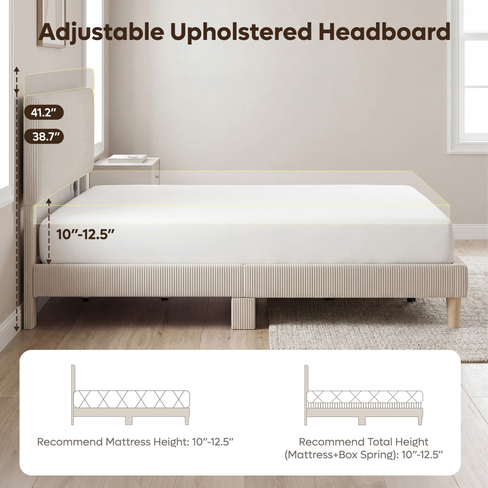 Bestier Corduroy Upholstered King Bed Frame with Adjustable Headboard, Platform Bed Frame with LED Light, Solid Wood Slats, No Box Spring Needed, Off White