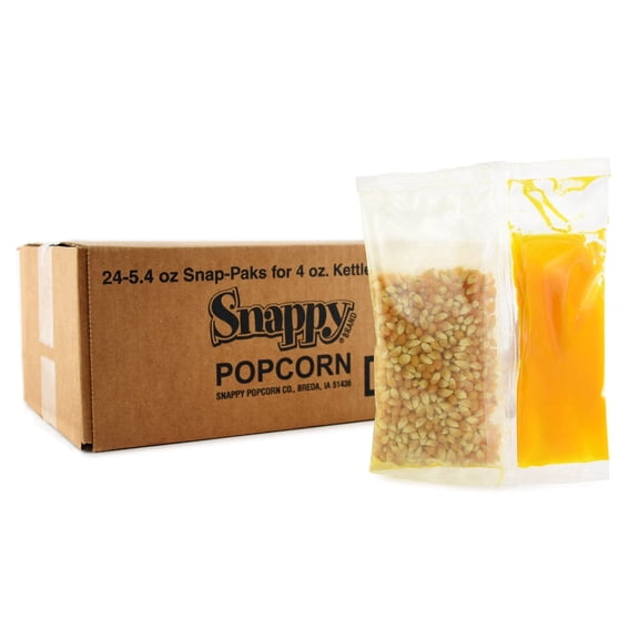 Snappy Snap-Paks All in One Popcorn Portion Packets for 4 oz Popping Machine, Kernels, Oil, and Salt, 24 Count